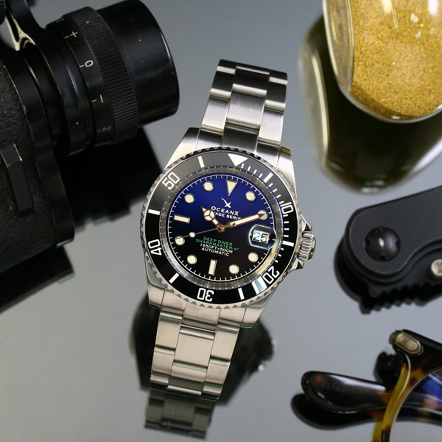 OceanX Sharkmaster-V2 Men's Diver Watch 40mm Black-Blue Dial V2SMS523