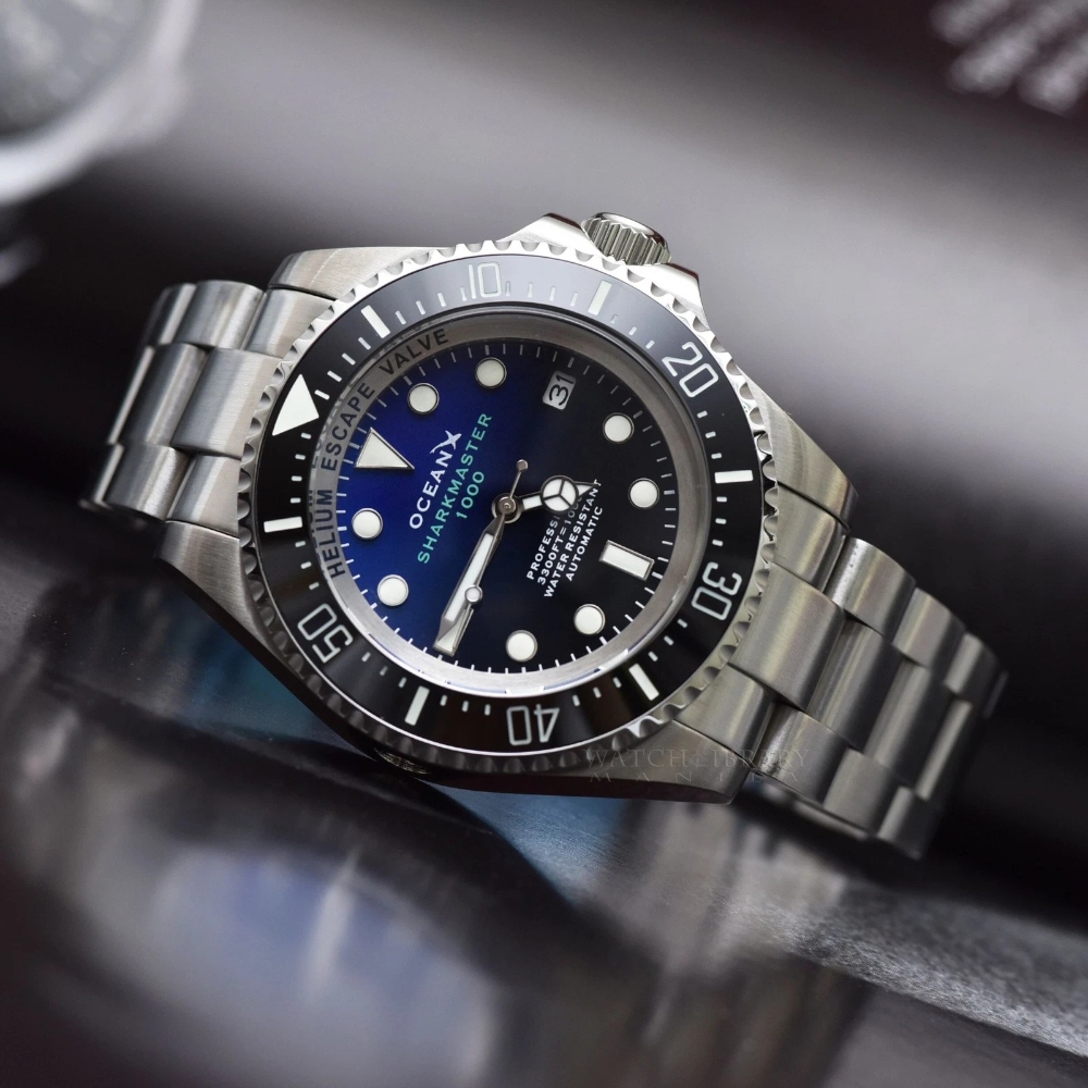 OceanX Sharkmaster 1000 44mm Automatic Men Diver Watch Black Blue Dial SMS1012M9