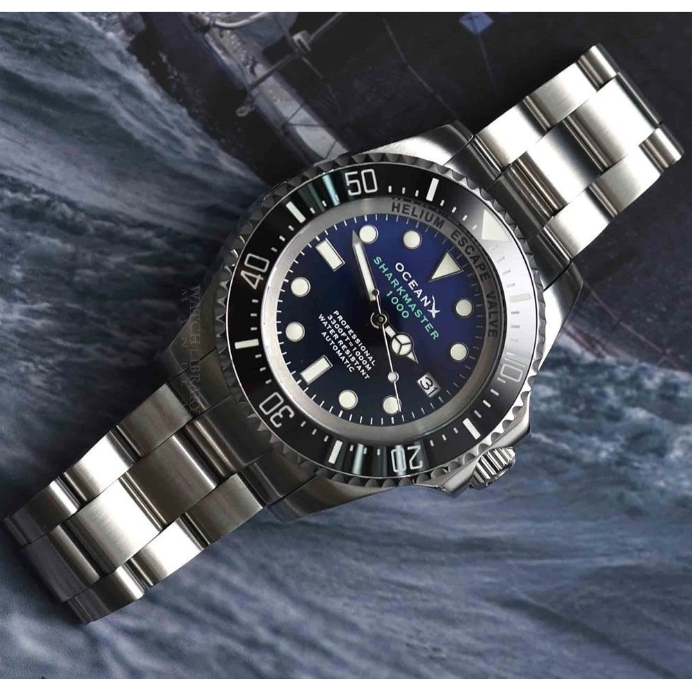 OceanX Sharkmaster 1000 44mm Automatic Men Diver Watch Black Blue Dial SMS1012M9
