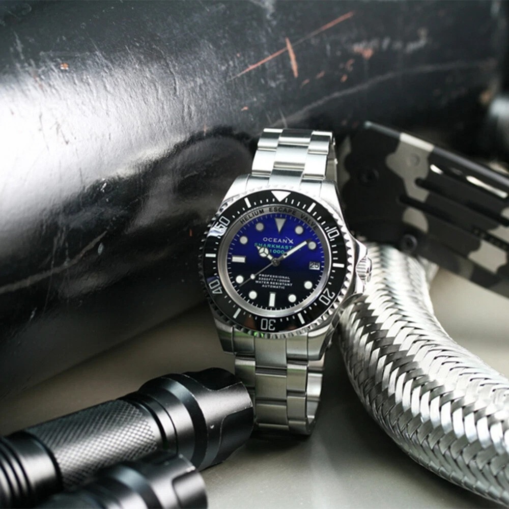 OceanX Sharkmaster 1000 44mm Automatic Men Diver Watch Black Blue Dial SMS1012M9