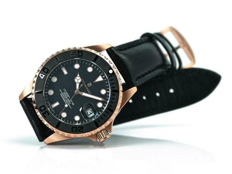 Steinhart Ocean One PINK GOLD Ceramic Bezel Automatic Swiss Dive Watch 103-0746 Black Leather Strap