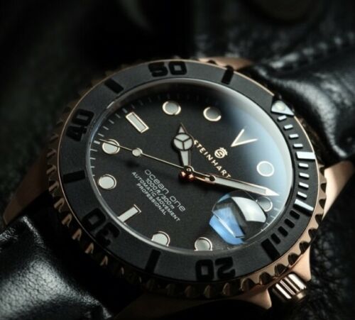 Steinhart Ocean One PINK GOLD Ceramic Bezel Automatic Swiss Dive Watch 103-0746 Black Leather Strap