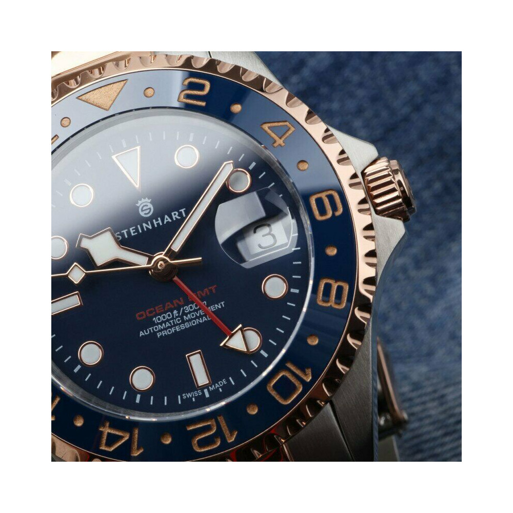 Steinhart Ocean One GMT Two Tone Blue Gold Automatic Swiss Diver Watch 103-1081