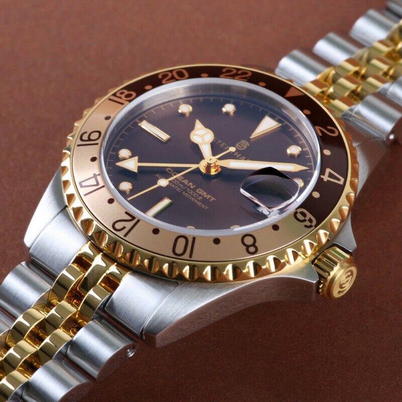 Steinhart Ocean 39mm Two Tone Cholate Automatic Swiss Diver Watch 103-1218 Silver Gold Bracelet
