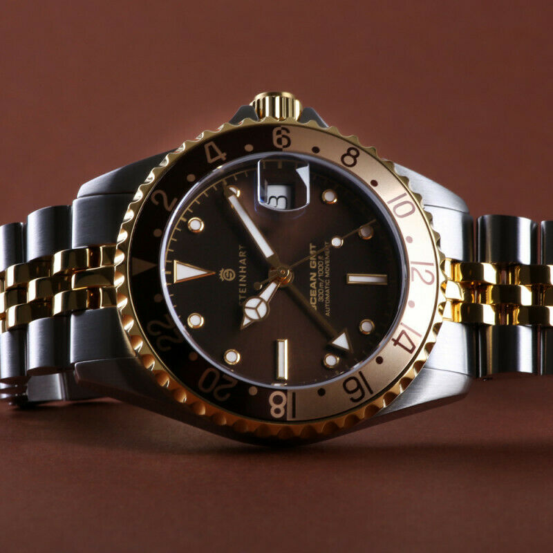 Steinhart Ocean 39mm Two Tone Cholate Automatic Swiss Diver Watch 103-1218 Silver Gold Bracelet