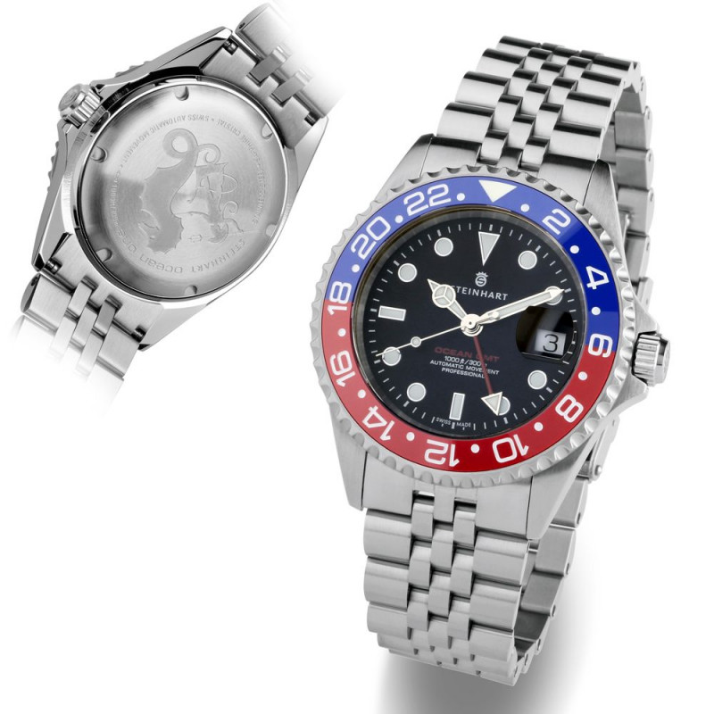 Steinhart Ocean One GMT BLUE-RED. 2 Ceramic Men\'s Diver Watch Black Dial/Blue-Red Bezel 103-1100