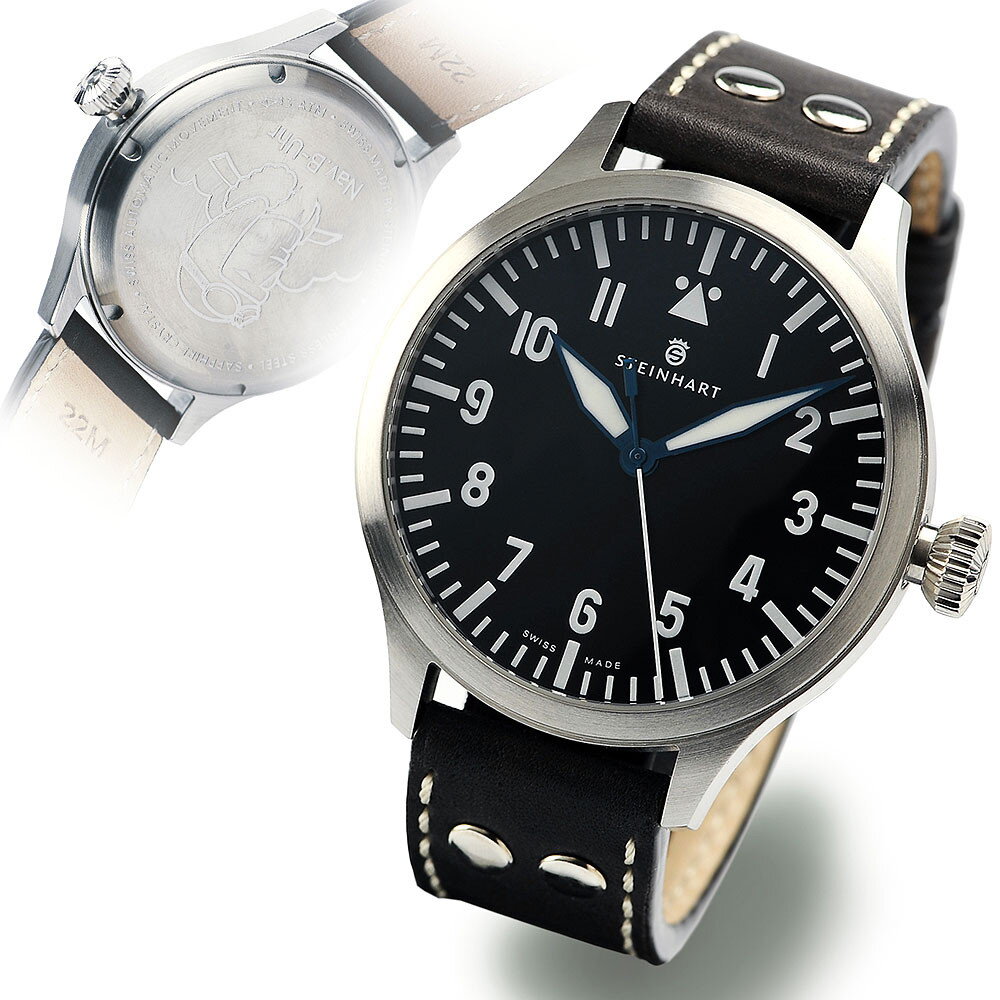 Steinhart Nav B-Uhr 44 Automatic A-Muster Swiss Pilot Watch 107-0336 Brown Leather Strap