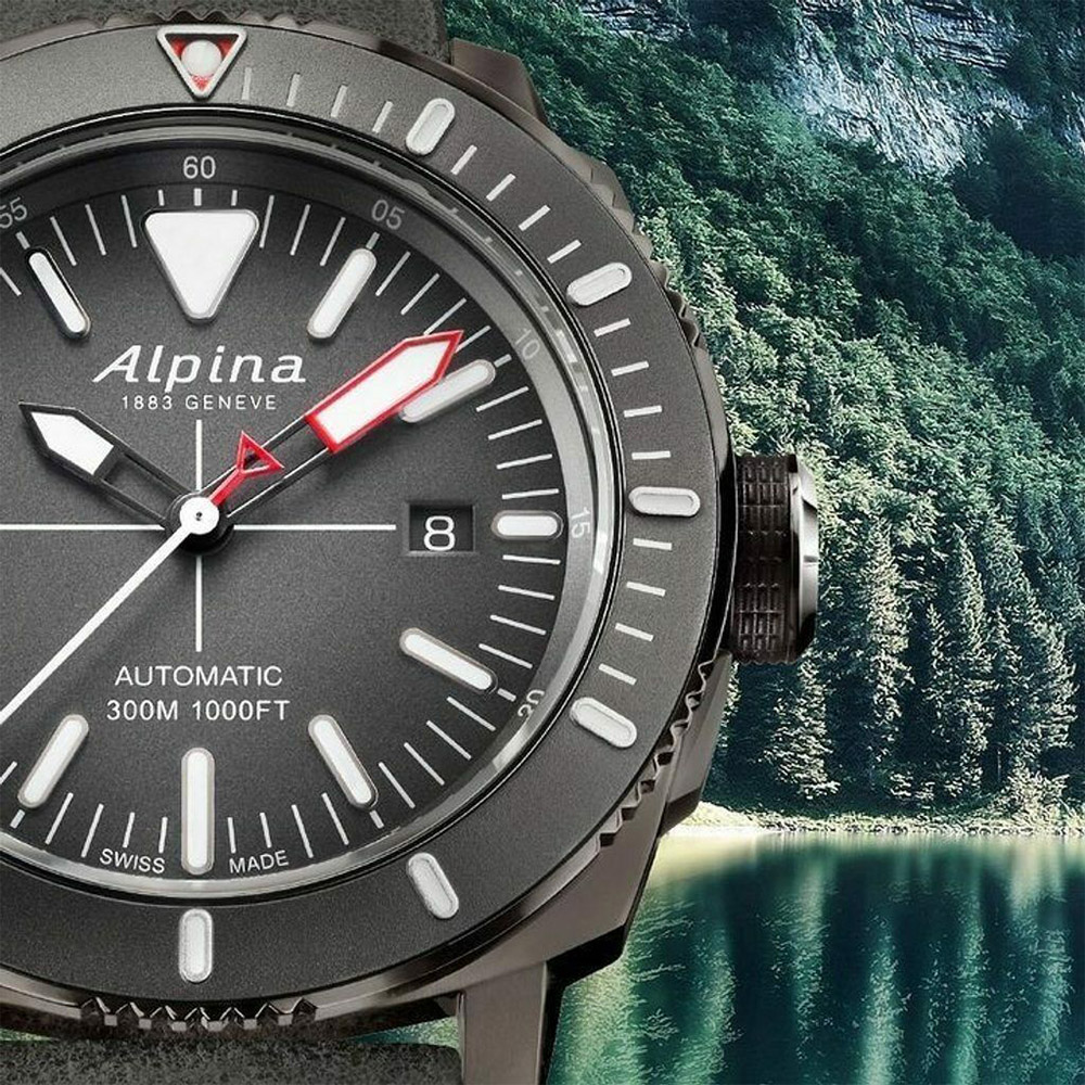 Alpina Seastrong Diver 300 Black Automatic Swiss Watch Gray Dial/Gray Leather Strap AL-525LGGW4TV6