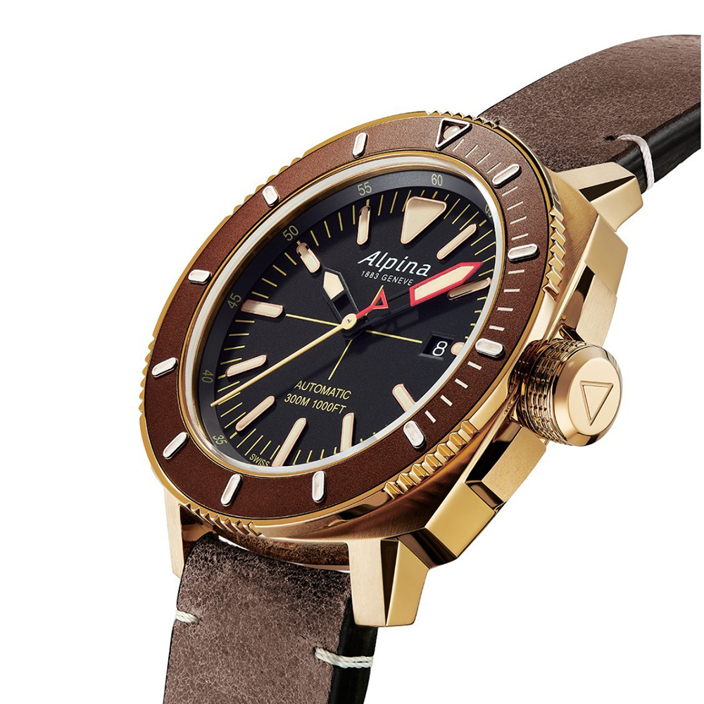 Alpina Seastrong Diver 300 Black Automatic Swiss Watch Black Dial/Brown Leather Strap AL-525LBBR4V4