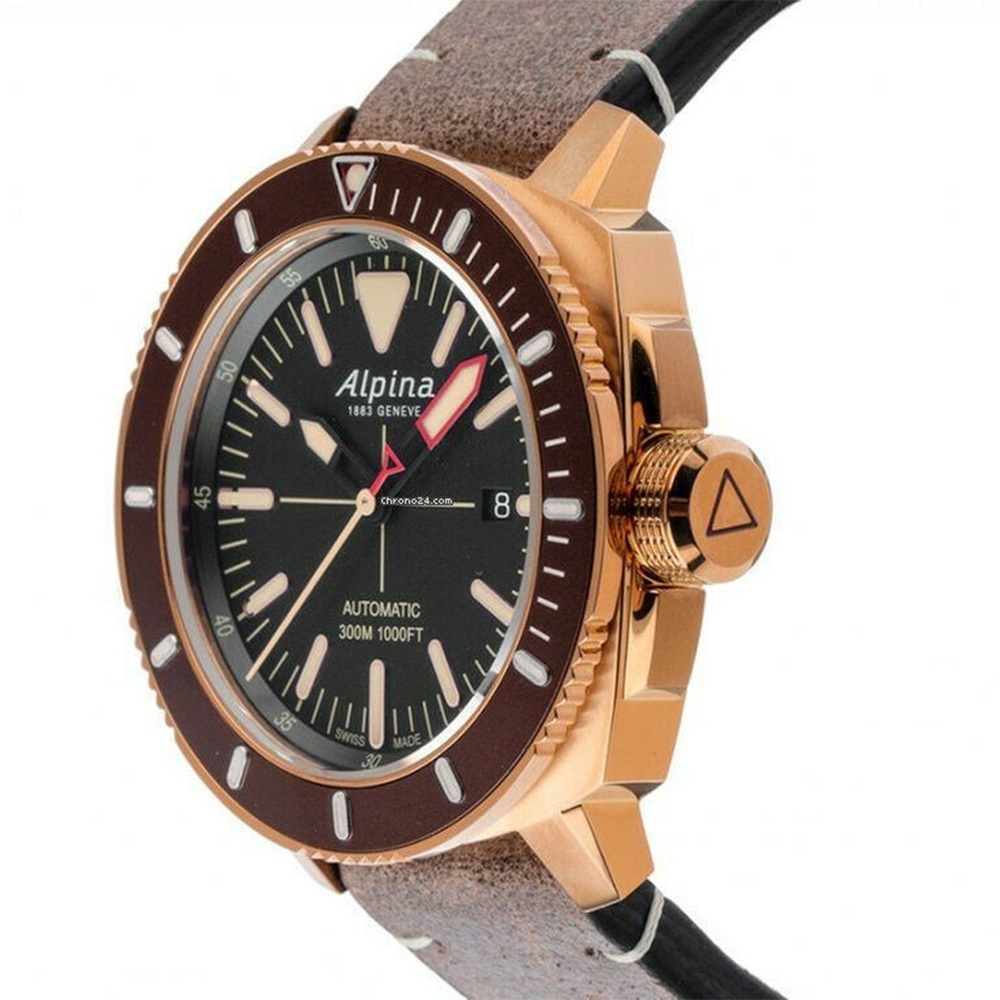 Alpina Seastrong Diver 300 Black Automatic Swiss Watch Black Dial/Brown Leather Strap AL-525LBBR4V4