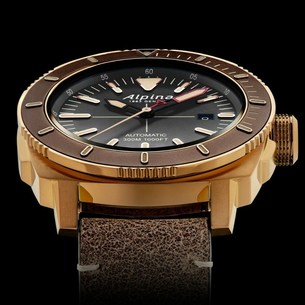 Alpina Seastrong 300 Diver Automatic Swiss Bronze Watch Brown Leather Strap