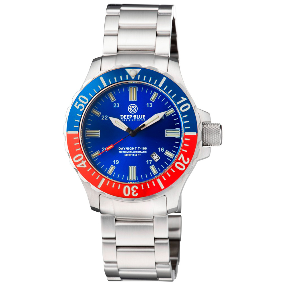 Deep Blue DayNight 45 Tritdiver T-100 Automatic Diver Watch Blue-Red Bezel/Blue Dial