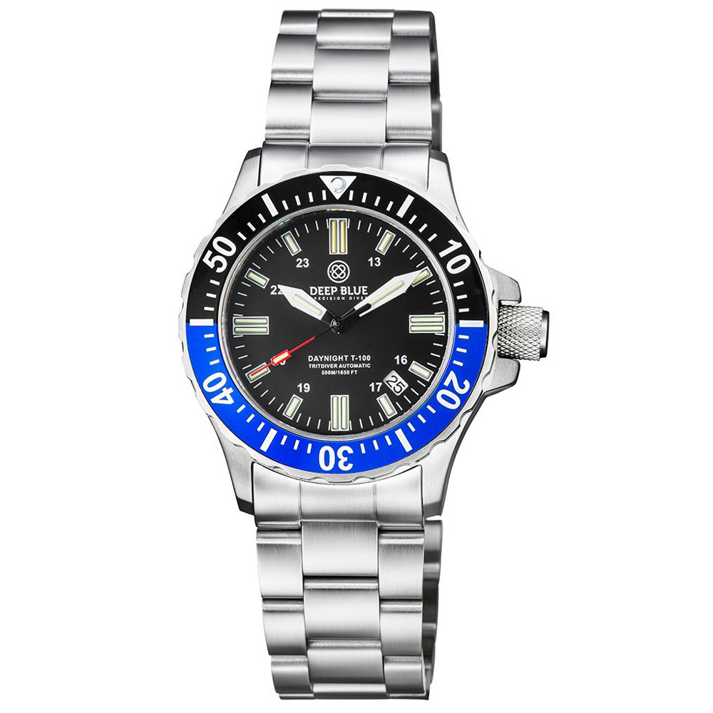 Deep Blue DayNight 41 Tritdiver T-100 Automatic Diver Watch Black-Blue Bezel/Black Dial