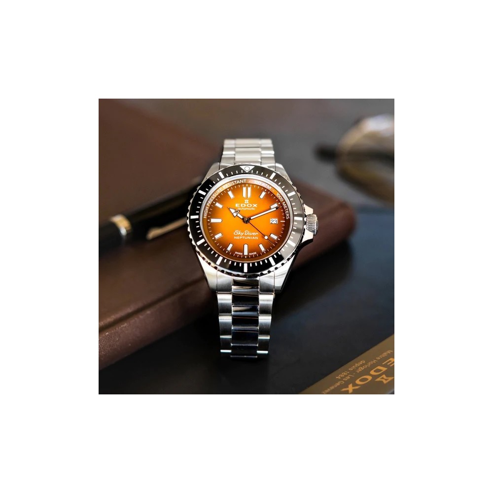 Edox SkyDiver Neptunian 44mm WR 100ATM Bezel Black Dial Orange 80120-3NM-ODN