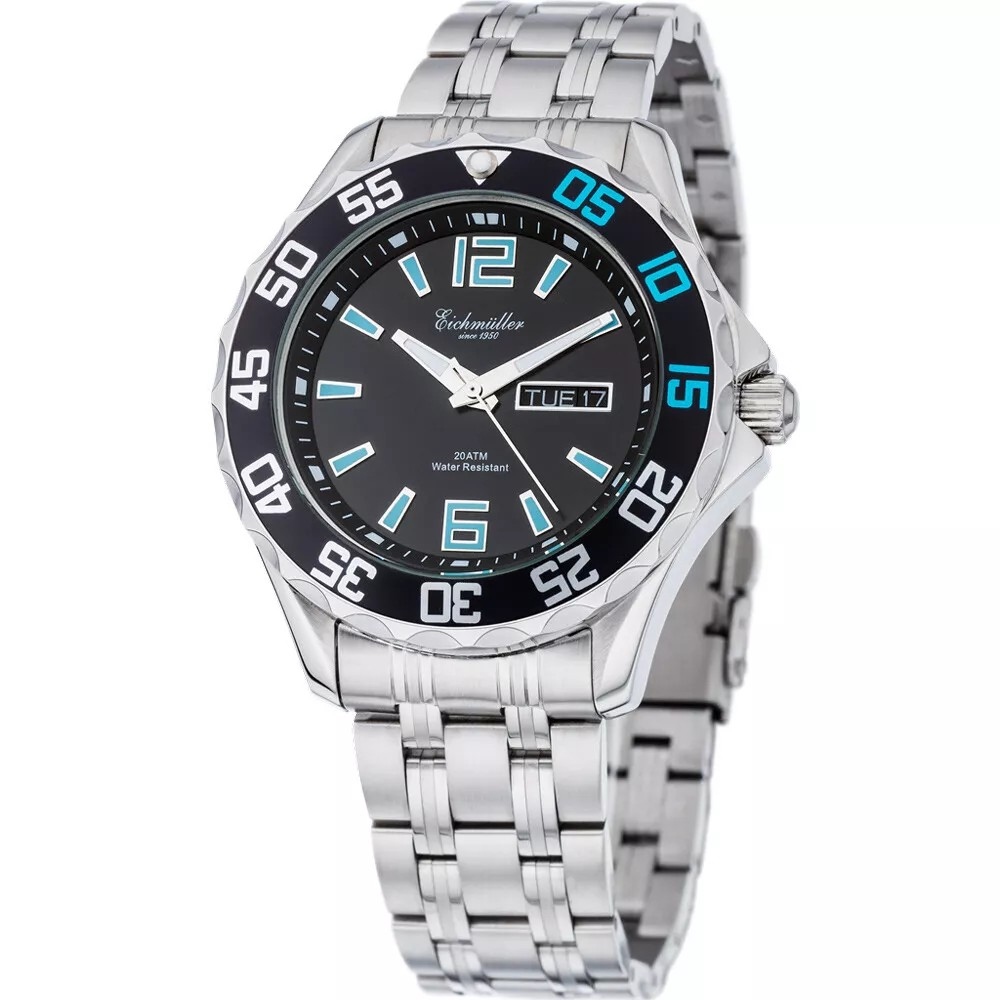 Eichmuller German Diver Men's Watch Stainless Steel Strap 20 ATM Blue Dial 41mm 3480-08