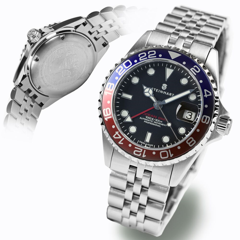 Steinhart Ocean GMT.2 Diver Watch 39mm 30ATM Blue-Red Pepsi/Stainless Steel Jubilee Auto Swiss Made 103-0921