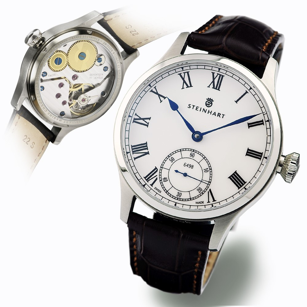 Steinhart Marine Chronometer Swiss ETA 44mm Roman White Blue Hands Watch