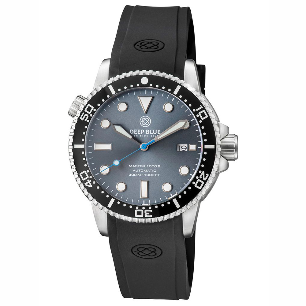 Deep Blue Master 1000 II 44mm Automatic Diver Watch Black Bezel/Slate Grey Blue Sunray Dial/Black Silicon Band