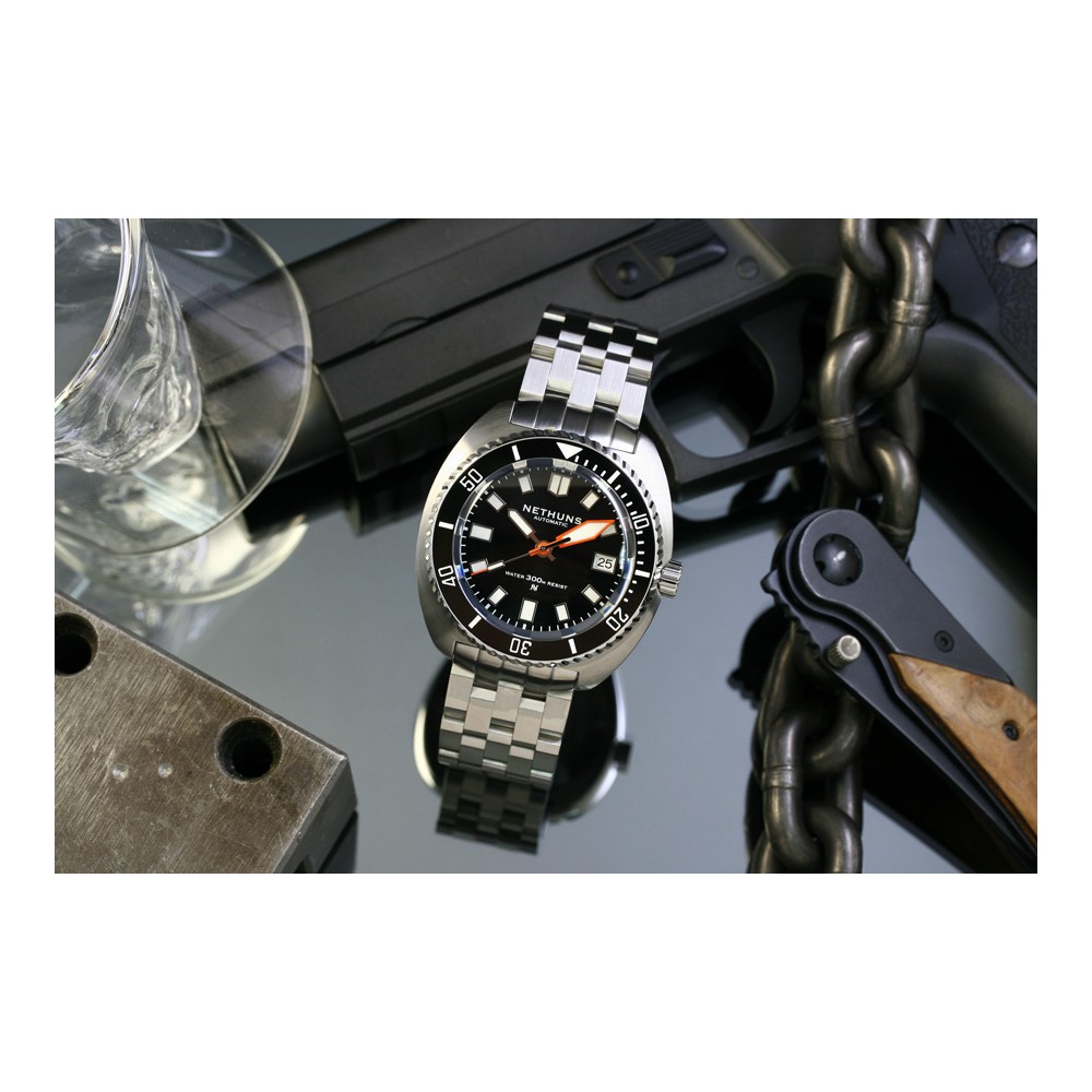 Nethuns Aqua II Steel 44mm Automatic Diver Men Watch WR 300m Dial Black A2S320