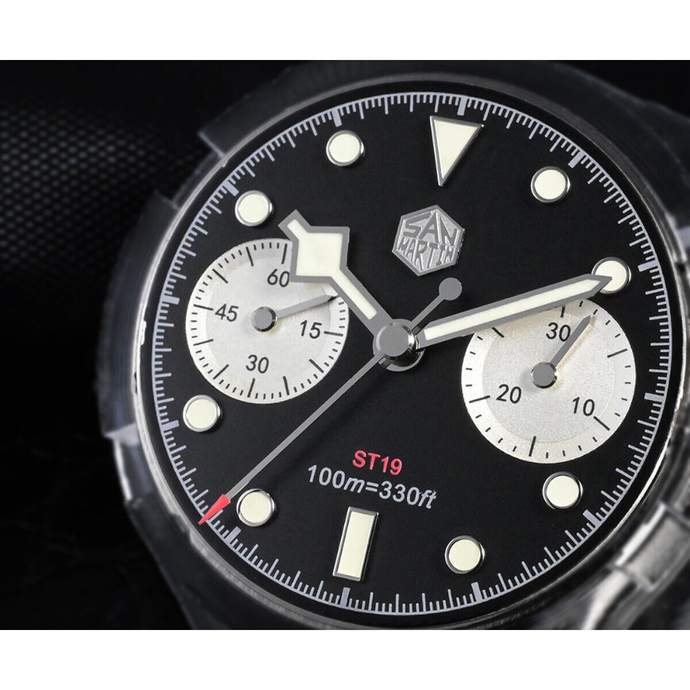 San Martin Black Panda BB 40mm Chronograph Retro Vintage Chrono Watch SN052-G